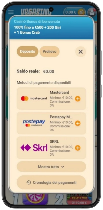 Vegasino Deposita fondi